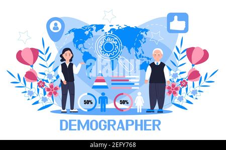 Demographer concept vector for landing page. Growth population in the world. Demographic experts analyzing data numbers of women, men, families. Diagr Stock Vector