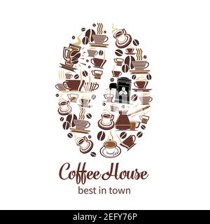 Coffeehouse poster of coffee cups and coffee makers or tea mugs in shape of coffee bean. Vector design template of cezve ad hot chocolate steam, teapo Stock Vector
