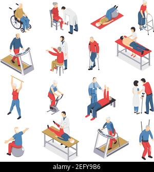 Rehabilitation physiotherapy isometric icons collection with people exercising on ball and moving walkway travelator isolated vector illustration Stock Vector