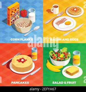 Cooking icons isometric design concept with realistic dishes flatware with various breakfast food and drinks images vector illustration Stock Vector