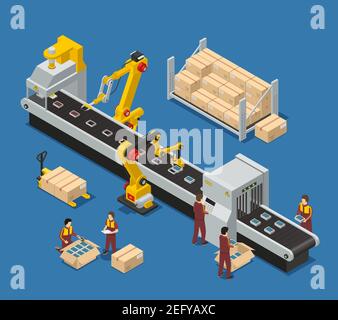 Electronics factory isometric composition with engineer monitoring robotic conveyor and workers stacking production into boxes vector illustration Stock Vector