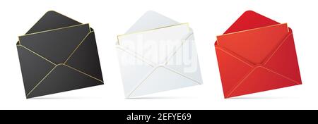 Set of black, white, and red envelopes with the letter, and golden details. Realistic envelope vector mockup with a greeting, or invitation card inside with copy space, isolated on a white background. Stock Vector