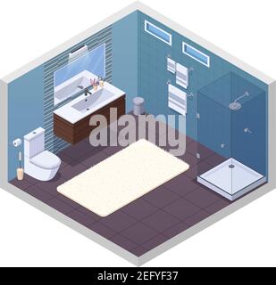 Bathroom isometric interior with glossy shower unit lavatory bowl vanity basin mirror and soft bath mat vector illustration Stock Vector