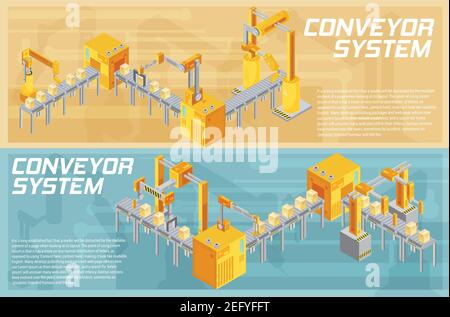 Isometric horizontal banners with conveyor system including welding and packaging on textured background isolated vector illustration Stock Vector