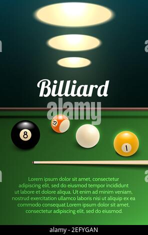 Billiards sport banner for pool or snooker game competition template. Green table with billiard ball and cue 3d poster, supplemented with text layout Stock Vector