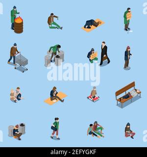Homeless people isometric set with beggars needy and disabled persons tramps on blue background isolated vector illustration Stock Vector