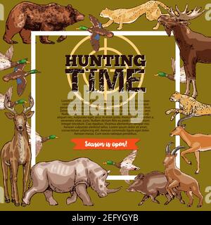 Hunting club poster of wild animals and birds or bullet for rifle gun ...