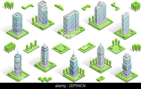 City houses isometric composition with  skyscrapers isolated vector illustration Stock Vector