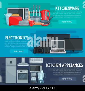 Home appliance banner set with kitchenware, household electronics and kitchen tool. Refrigerator, stove and microwave, mixer, coffee machine and knife Stock Vector