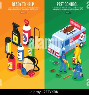 Colorful isometric vertical banners set with pest control service workers and their equipment isolated vector illustration Stock Vector
