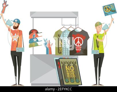 Anti war propaganda design composition with two young men advertising shirts with no war symbols cartoon flat vector illustration Stock Vector