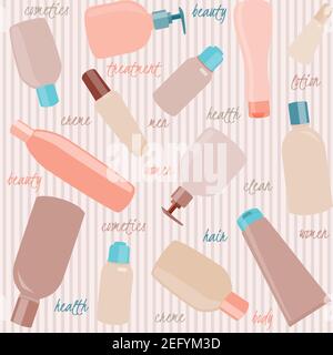 Seamless pattern with cosmetics bottles and text over stripes Stock Vector