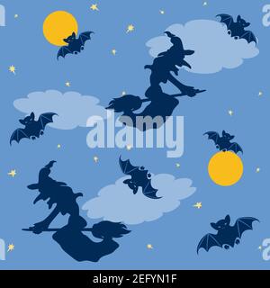 Halloween seamless pattern with witches and bats Stock Vector