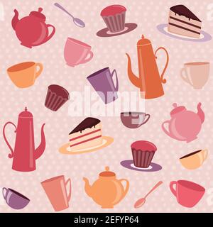 Tea pattern with cups, teapots and cakes Stock Vector