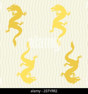 Seamless pattern with gold dragons on stripy background Stock Vector