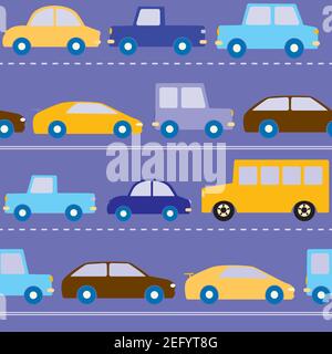 Blue seamless pattern with cars on the road Stock Vector