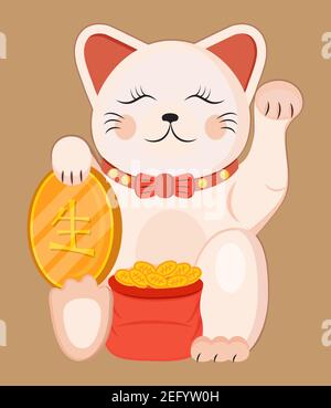Maneki neko vector isolated on brown background. Lucky cat in japanese traditional culture. Talisman or mascot symbol in flat style. Stock Vector
