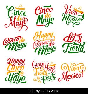 Cinco de Mayo Mexican holiday party celebration calligraphy lettering for greeting card design. Vector hand drawn font text in Mexican flag colors and Stock Vector