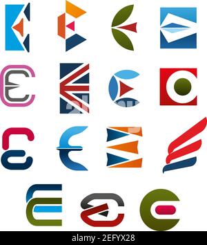 Letter E icon set. E alphabet symbol, composed of red, green, orange and blue geometric figures and curved lines, abstract font for business branding Stock Vector