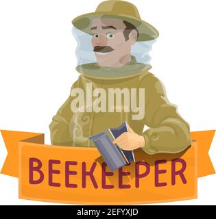 Beekeeper in uniform isolated cartoon icon. Apiarist in protective suit and hat with beehive smoker, supplemented with ribbon banner and text Beekeepe Stock Vector
