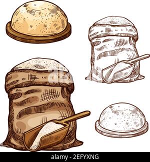 Baking flour bag and bread sketch icons for bakery shop or product package design template. Vector isolated symbols of flour sack and fresh baked whea Stock Vector