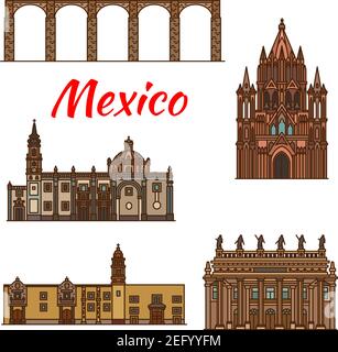 Mexico architecture landmarks and famous buildings facade line icons. Vector set of Mexican aqueduct, churches, cathedrals and monastery of Santa Rosa Stock Vector