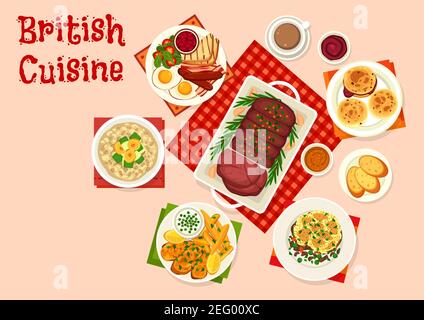 British cuisine breakfast food icon. Egg, bacon, sausage and beans with toast, oatmeal with fruit and roast beef, fish and potato chips, scones with j Stock Vector