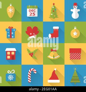 Collection of flat style Christmas icons with long shadow Stock Vector