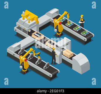 Colored car electronics autoelectronics isometric factory composition with robotized process in the factory vector illustration Stock Vector