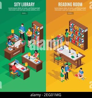 Isometric vertical banners with city library and reading room on green and yellow background isolated vector illustration Stock Vector