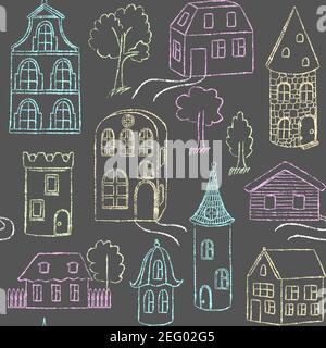 Seamless chalkboard pattern with hand drawn houses Stock Vector
