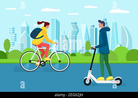 Millennial girl and boy riding electric scooter and bike in city park. Urban outdoor eco-friendly transport. Young people sharing vehicles. Active recreation on street. Bicycle vector eps illustration Stock Vector
