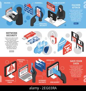 Set of horizontal isometric banners with hacker attacks network security and personal data protection isolated vector illustration Stock Vector