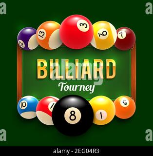 Billiards tournament poster design of color billiard balls on green table background. Vector snooker sport game tourney announcement template for bill Stock Vector