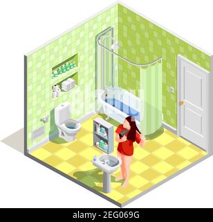 Hygiene icons isometric composition with realistic bathroom interior sanitary fitments and female character drying her hair vector illustration Stock Vector