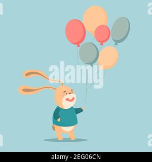 Cartoon bunny with balloons vector illustrations on a pastel turquoise background. Stock Vector
