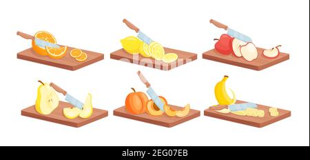 Fruit slices food with knife isometric set, ripe juicy sliced fruits on wooden board Stock Vector