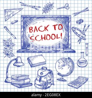 Back to School ink pen sketch stationery icons of book, pencil or ruler and globe map or paint brush on copybook page checkered pattern background. Ve Stock Vector