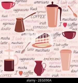 Seamless pattern with coffee items and colorful text Stock Vector