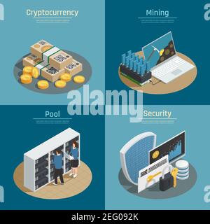 Isometric compositions with mining of cryptocurrency, coins and banknotes, pool of system users, security isolated vector illustration Stock Vector