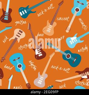 Seamless orange pattern with colorful guitars and text Stock Vector