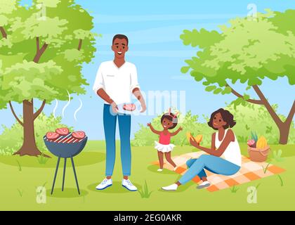 Happy family people on bbq picnic, mother father and girl characters have fun together Stock Vector
