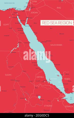 Red Sea region country detailed editable map with countries capitals and cities. Vector EPS-10 file Stock Vector