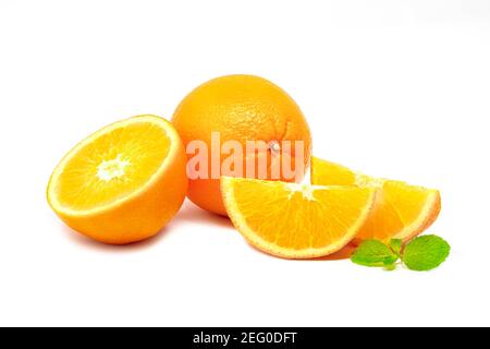 Sliced fresh tropical oranges isolated on white background Stock Photo
