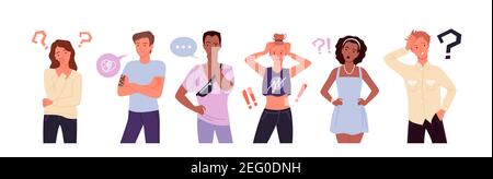 Confused people think in doubt set, showing gestures of stress and problems, questions Stock Vector