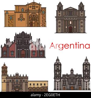 Argentina travel building landmarks and sightseeing architecture line icons. Vector set of Argenitinian churches and sanctuary cathedrals of Buenos Ai Stock Vector