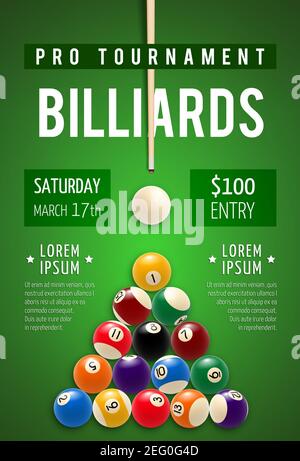 Billiard tournament poster for snooker and pool billiards sport game competition. Billiard pyramid with white ball and cue on green table for pool roo Stock Vector