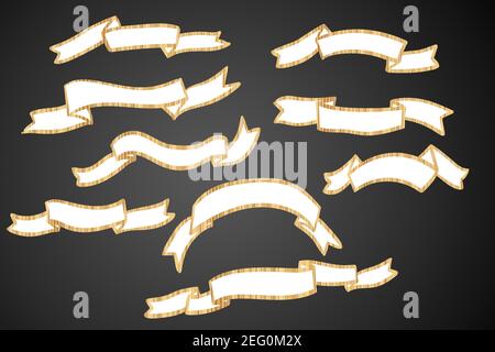Set of white silhouette doodle ribbons isolated on black background. Ribbon banner vector illustration. Hand drawn lace. Stock Vector