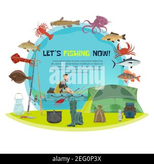 Fishing and fisherman poster of fisher on lake in inflatable boat for fish catch. Vector flat design of fishing sport equipment rod and rubber wader b Stock Vector