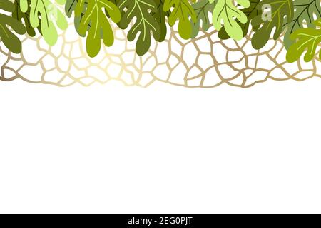 Floral frame with colorful exotic branches and golden grid on white background. Ornate border with oak leaves. Vector stock illustration for wallpaper Stock Vector